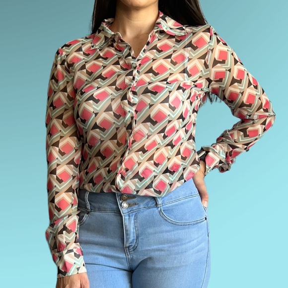 NWT BEBE Women's Silk Blouse Geometric Luxurious Button Down Long Sleeve, XS sz - Picture 17 of 17